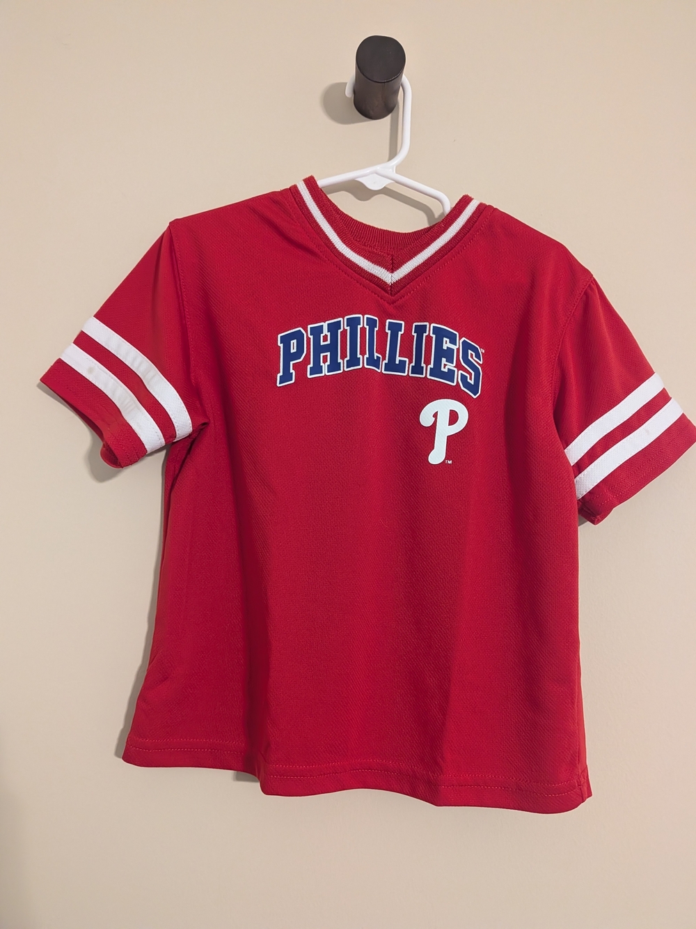 MLB Phillies Red Short Sleeve Kids Jersey Top with White Stripes